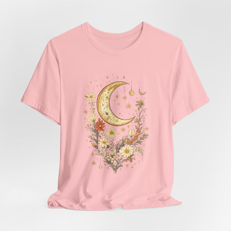 Moon & Autumn Florals Tee – Crescent Moon Floral Graphic T-Shirt