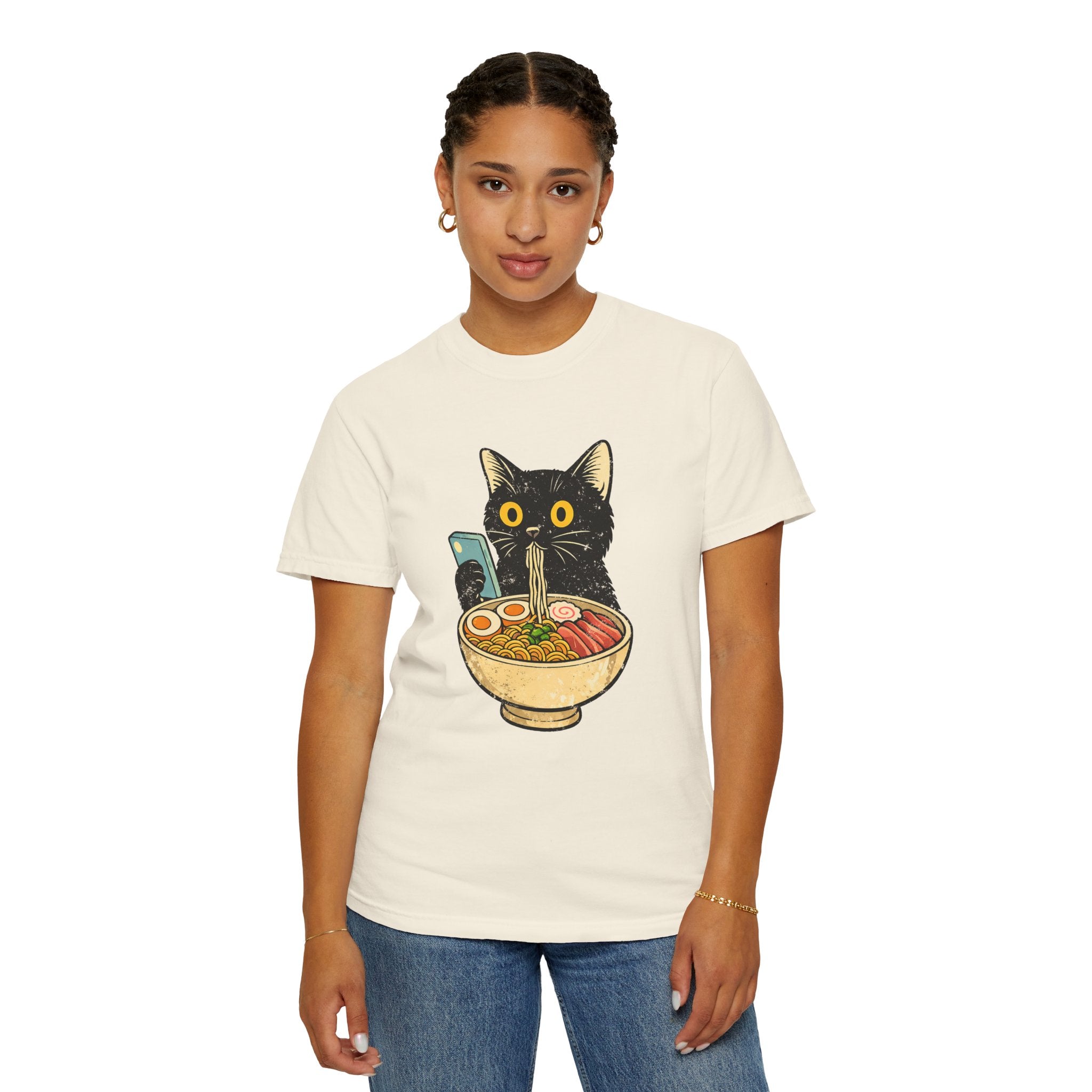 Cat Ramen T-Shirt — Cute Black Cat Slurping Ramen Graphic Tee