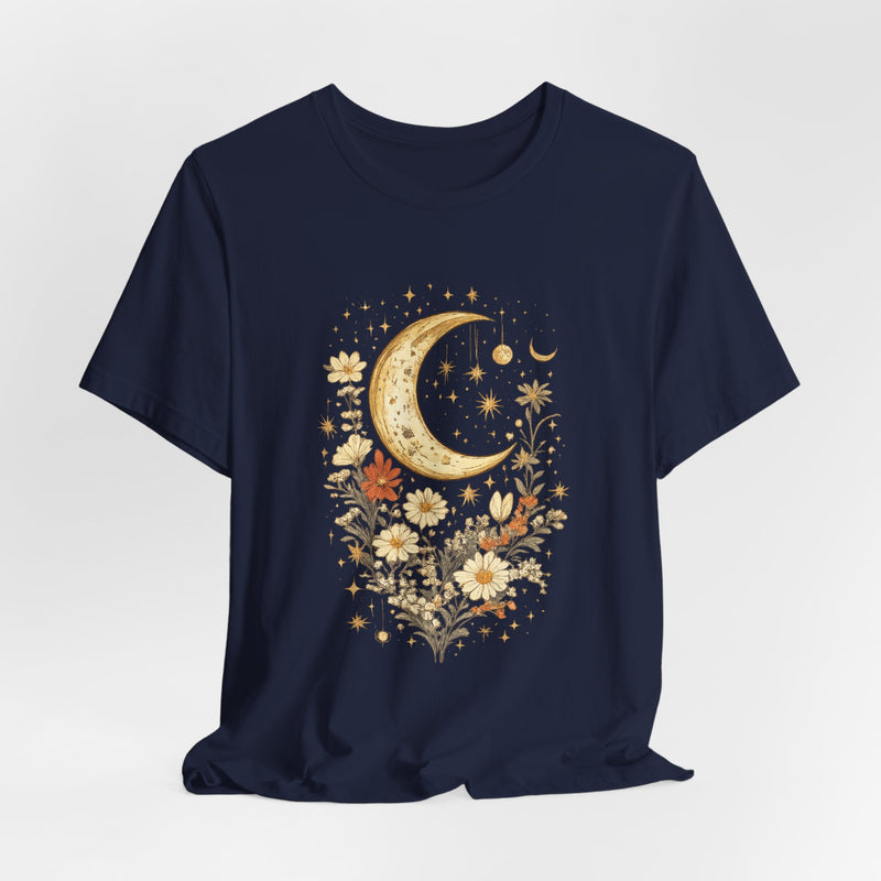 Moon & Autumn Florals Tee – Crescent Moon Floral Graphic T-Shirt