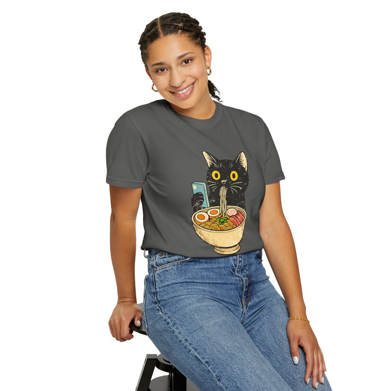 Cat Ramen T-Shirt — Cute Black Cat Slurping Ramen Graphic Tee