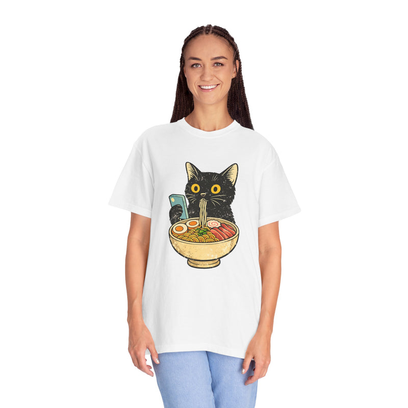 Cat Ramen T-Shirt — Cute Black Cat Slurping Ramen Graphic Tee