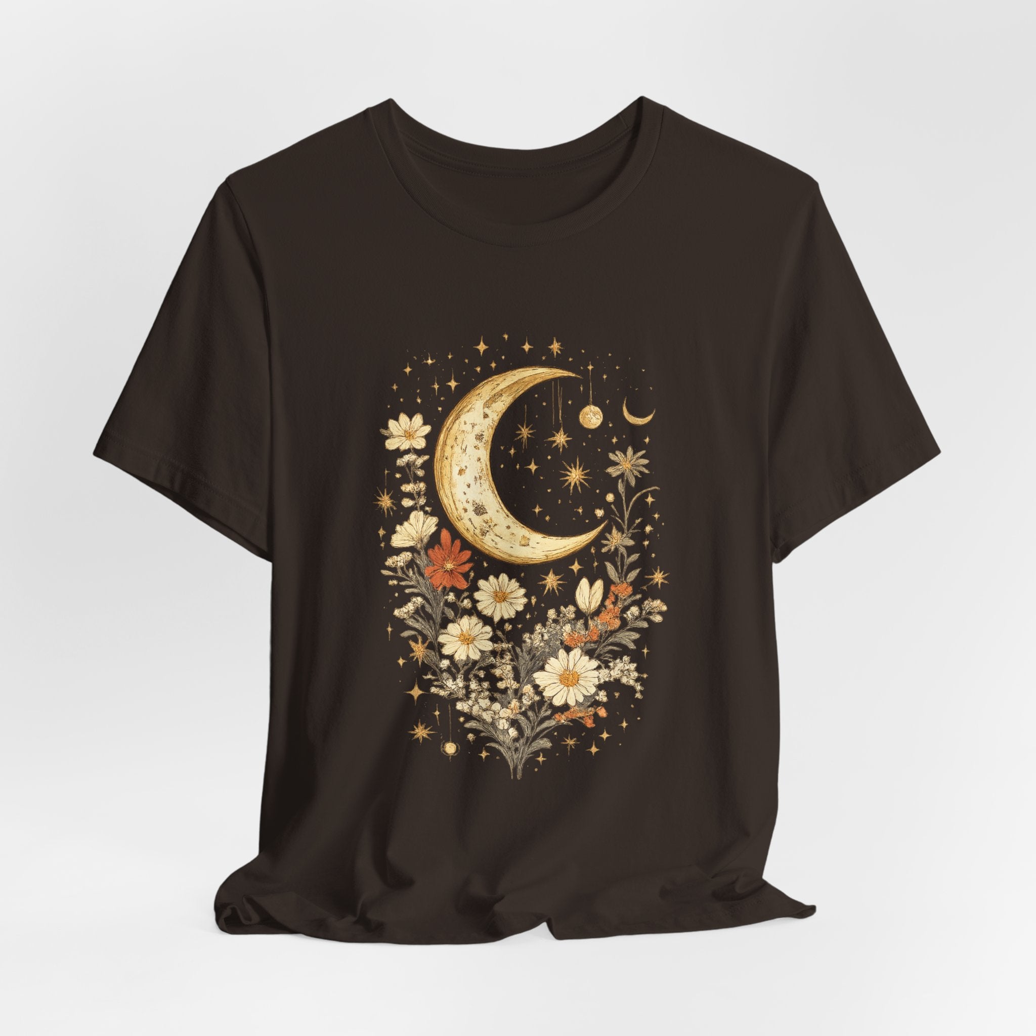 Moon & Autumn Florals Tee – Crescent Moon Floral Graphic T-Shirt
