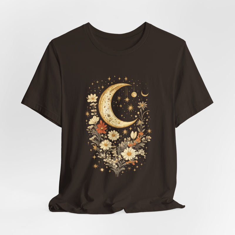 Moon & Autumn Florals Tee – Crescent Moon Floral Graphic T-Shirt