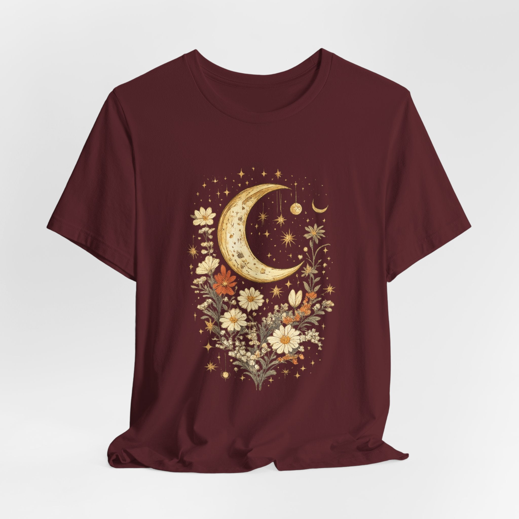 Moon & Autumn Florals Tee – Crescent Moon Floral Graphic T-Shirt
