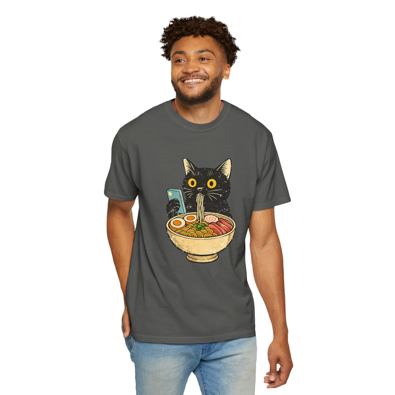 Cat Ramen T-Shirt — Cute Black Cat Slurping Ramen Graphic Tee