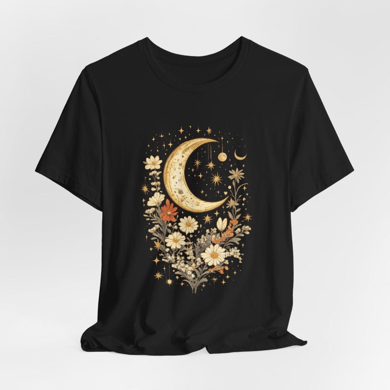 Moon & Autumn Florals Tee – Crescent Moon Floral Graphic T-Shirt