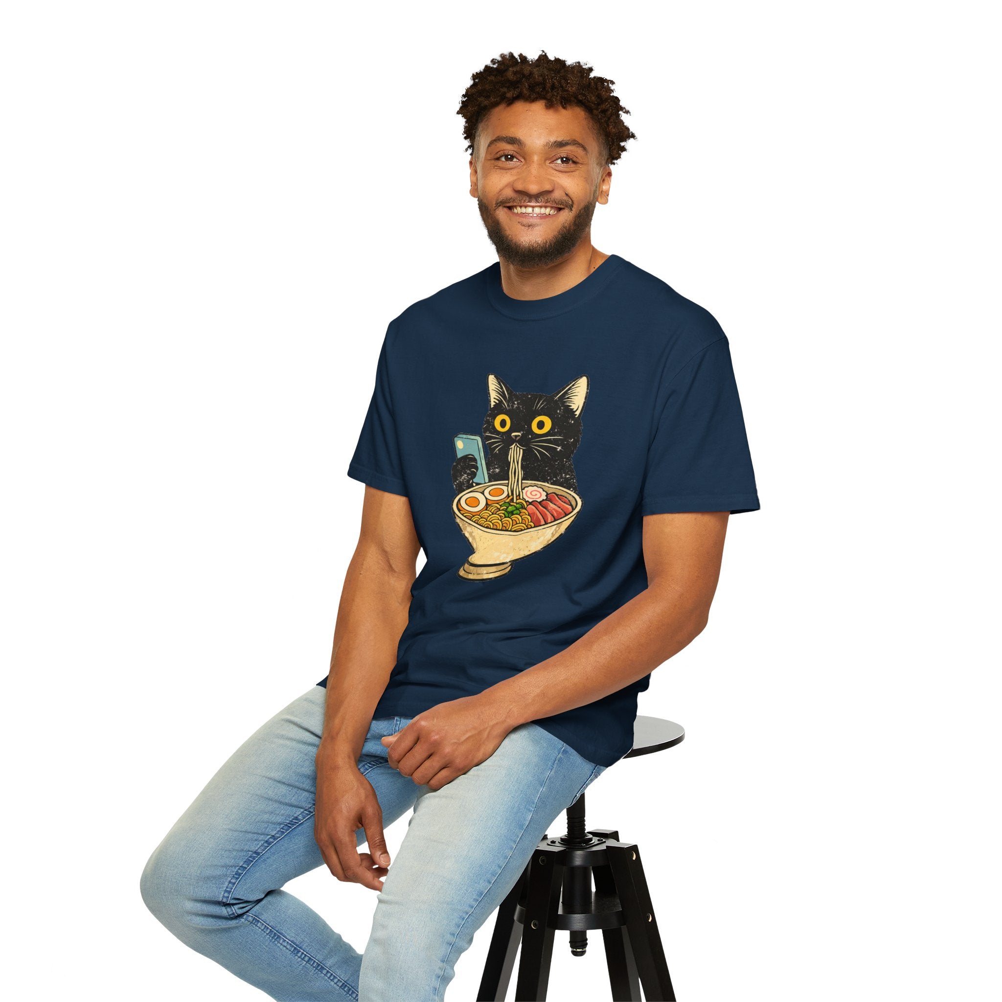 Cat Ramen T-Shirt — Cute Black Cat Slurping Ramen Graphic Tee