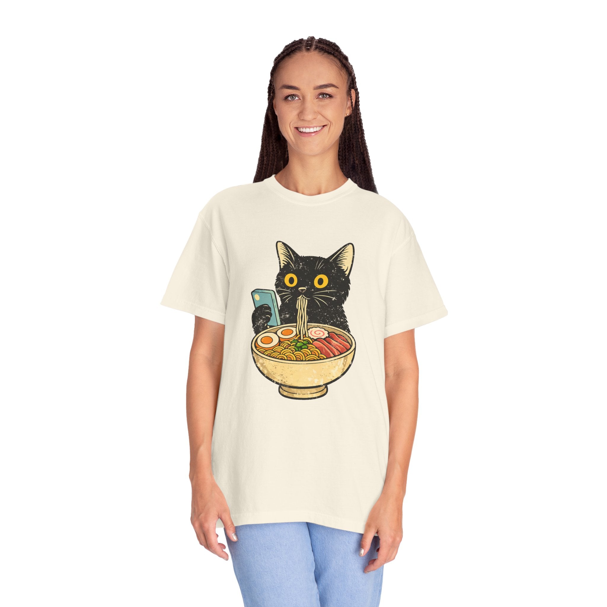 Cat Ramen T-Shirt — Cute Black Cat Slurping Ramen Graphic Tee