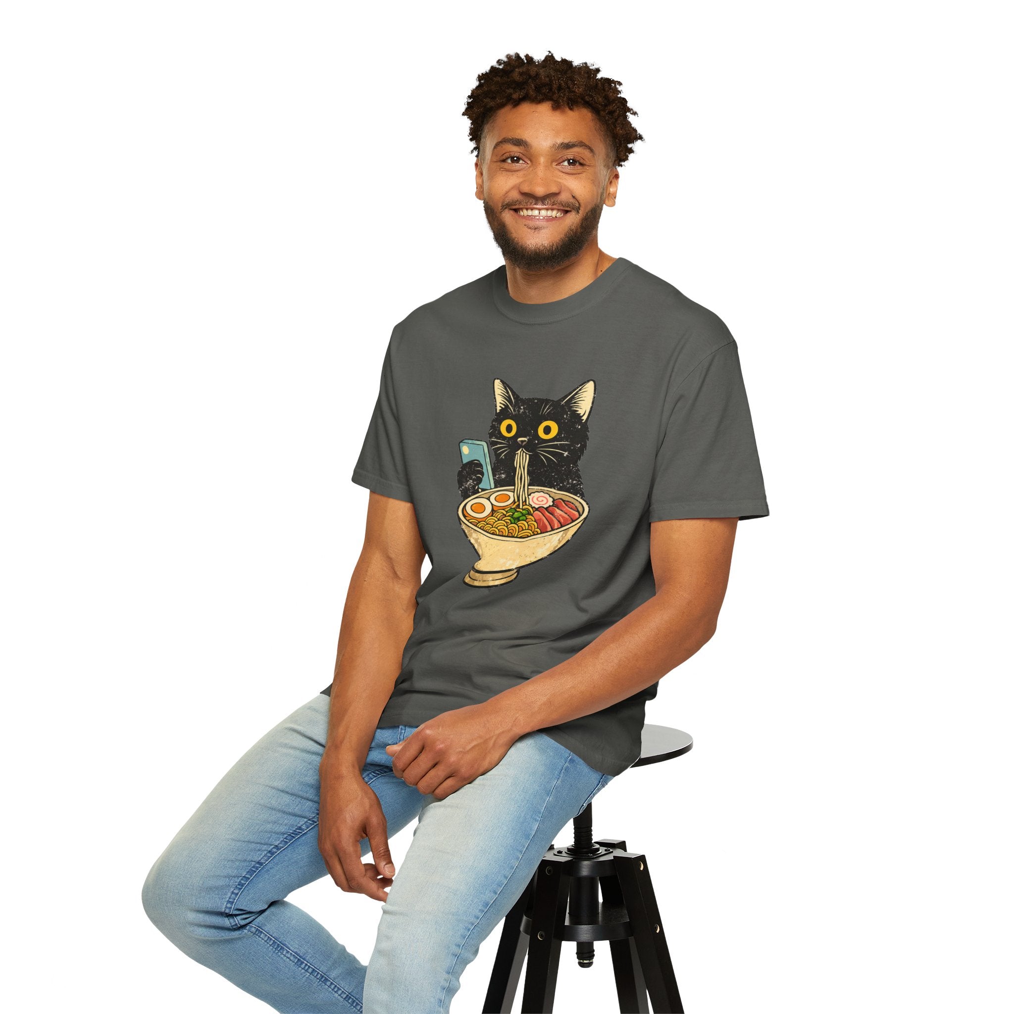 Cat Ramen T-Shirt — Cute Black Cat Slurping Ramen Graphic Tee