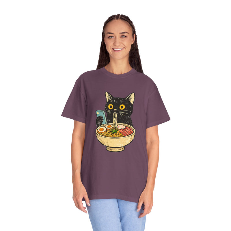 Cat Ramen T-Shirt — Cute Black Cat Slurping Ramen Graphic Tee