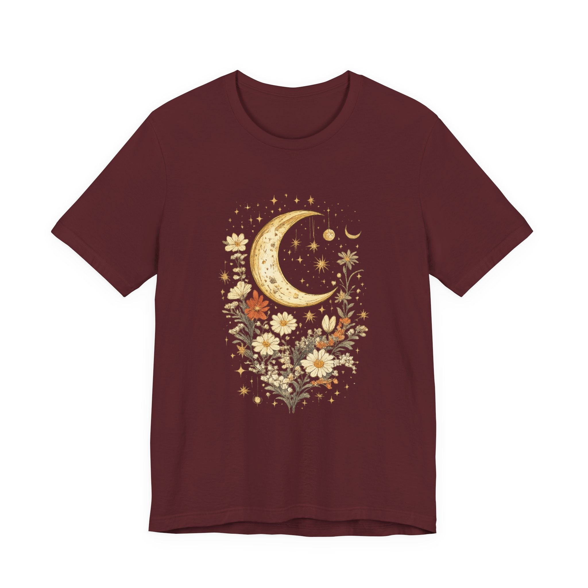 Moon & Autumn Florals Tee – Crescent Moon Floral Graphic T-Shirt