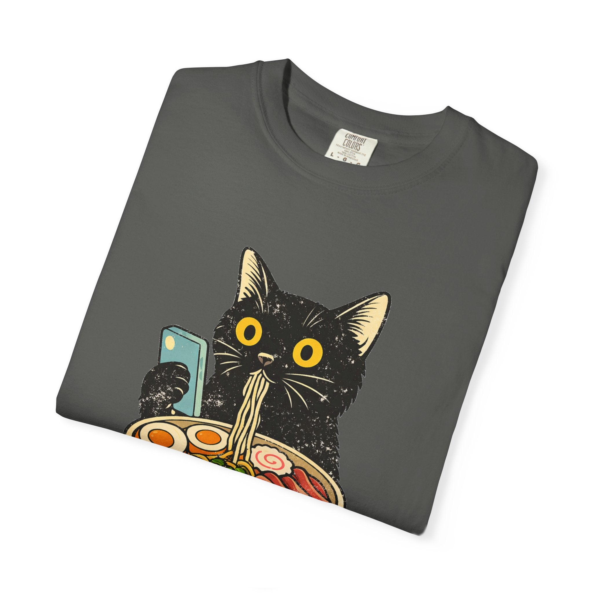 Cat Ramen T-Shirt — Cute Black Cat Slurping Ramen Graphic Tee