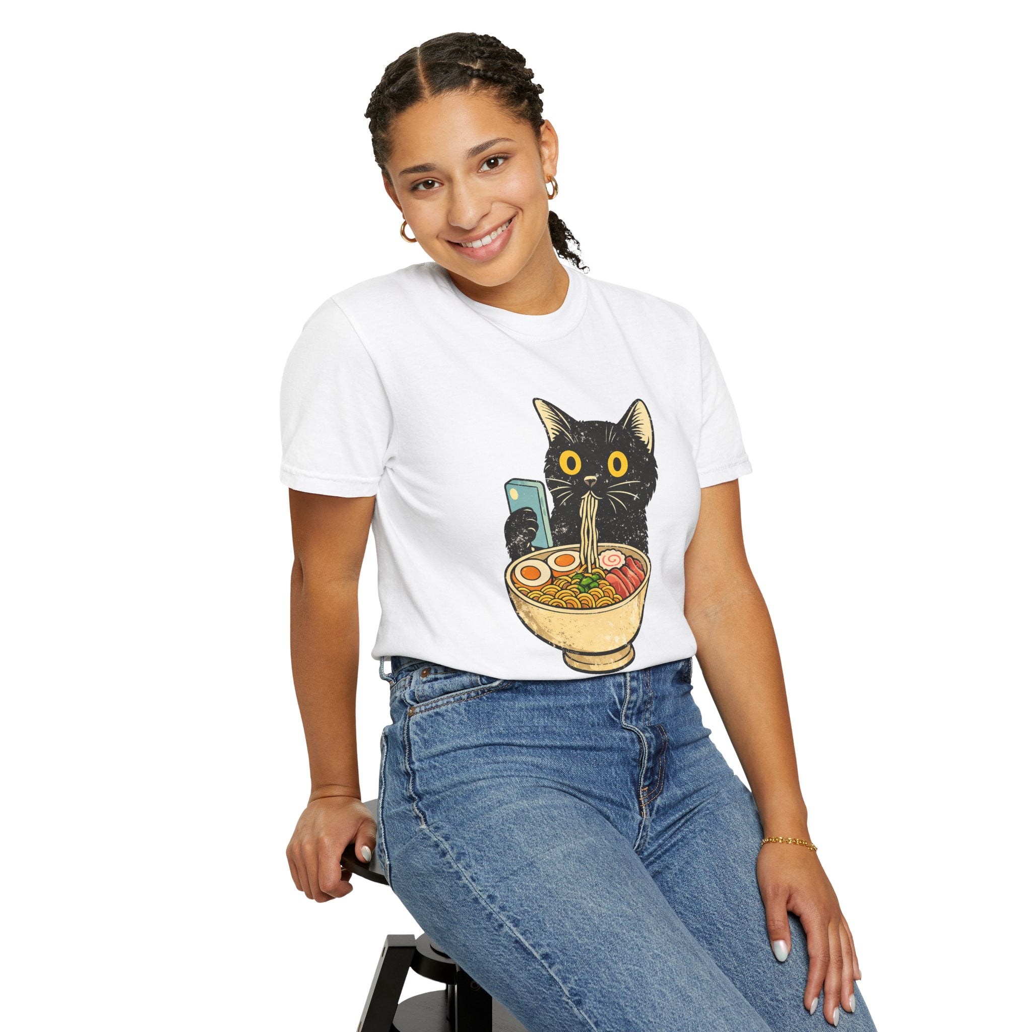 Cat Ramen T-Shirt — Cute Black Cat Slurping Ramen Graphic Tee