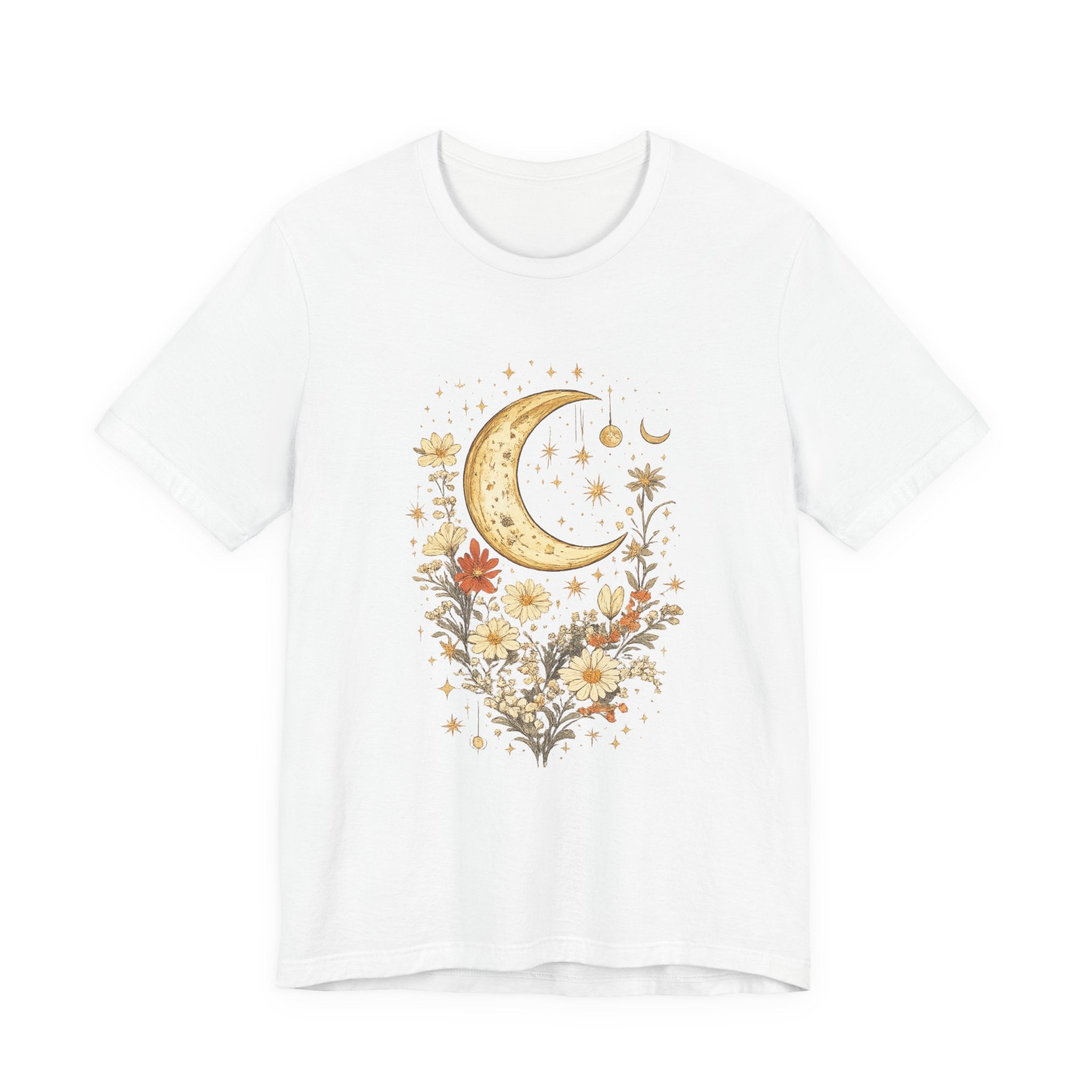Moon & Autumn Florals Tee – Crescent Moon Floral Graphic T-Shirt