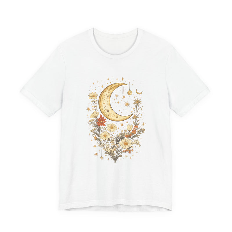 Moon & Autumn Florals Tee – Crescent Moon Floral Graphic T-Shirt