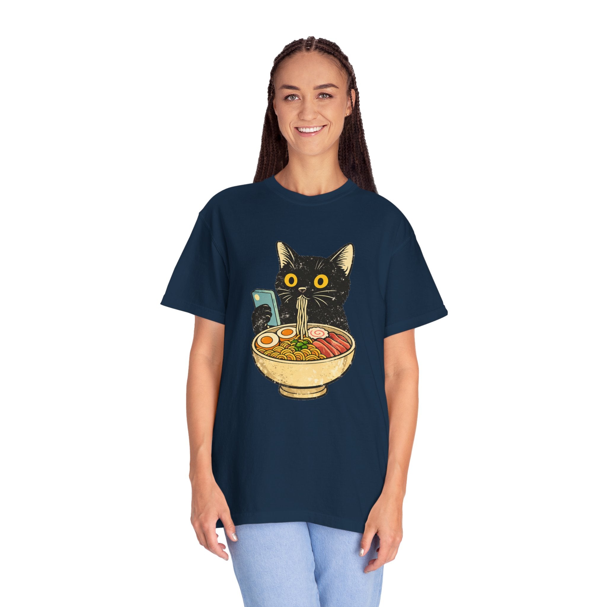 Cat Ramen T-Shirt — Cute Black Cat Slurping Ramen Graphic Tee
