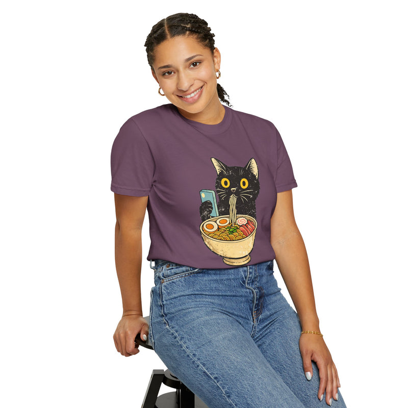Cat Ramen T-Shirt — Cute Black Cat Slurping Ramen Graphic Tee