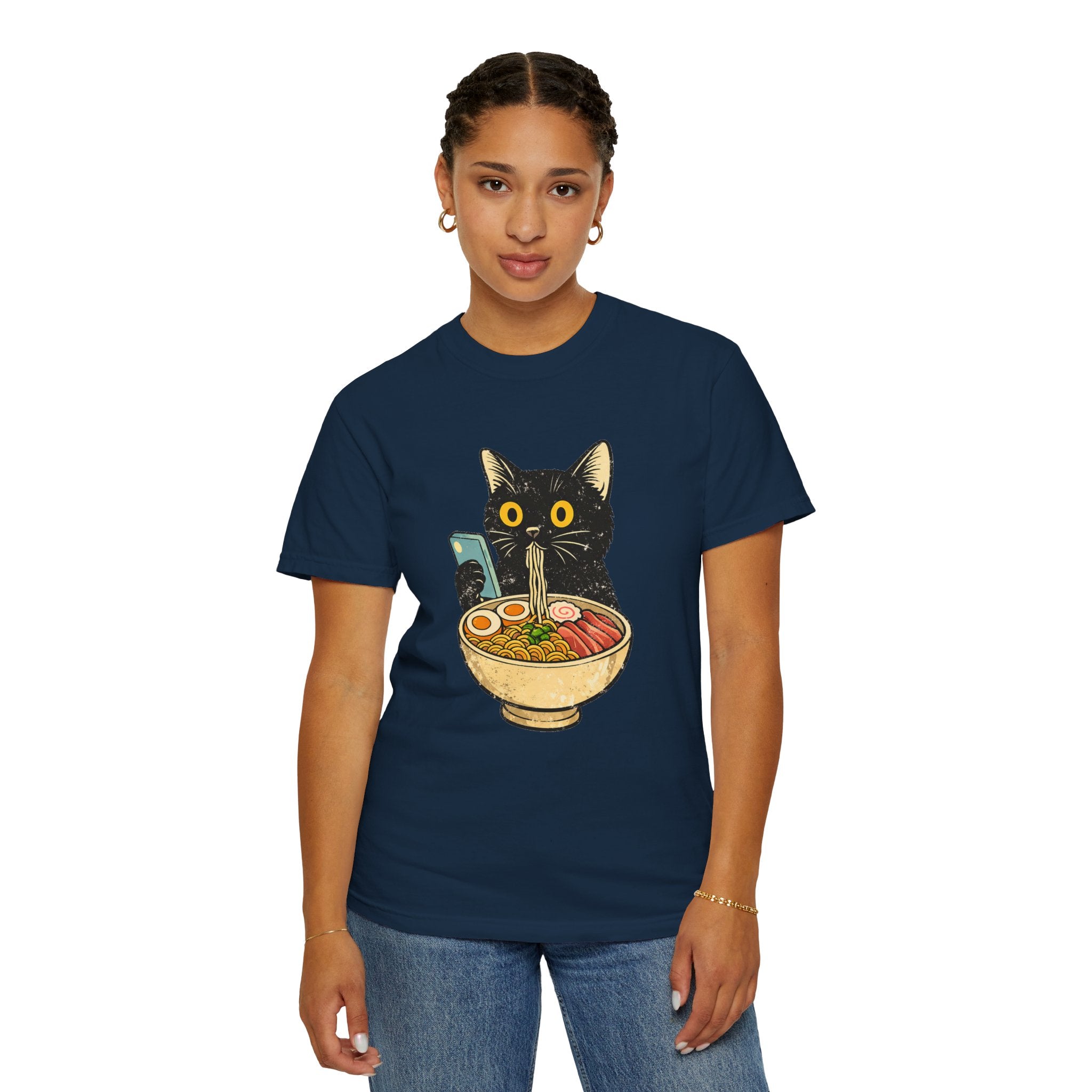 Cat Ramen T-Shirt — Cute Black Cat Slurping Ramen Graphic Tee