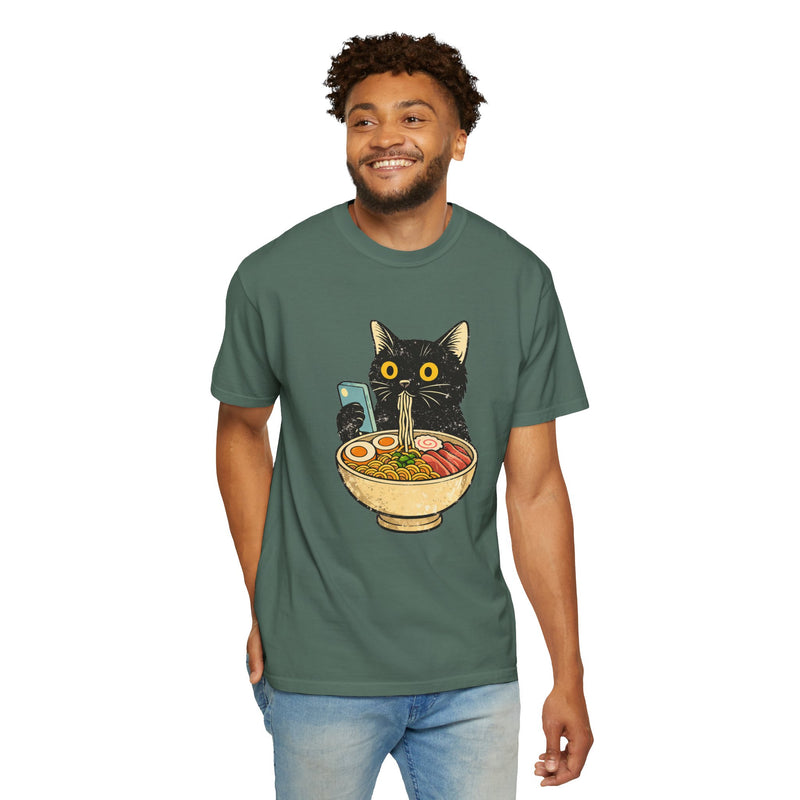 Cat Ramen T-Shirt — Cute Black Cat Slurping Ramen Graphic Tee