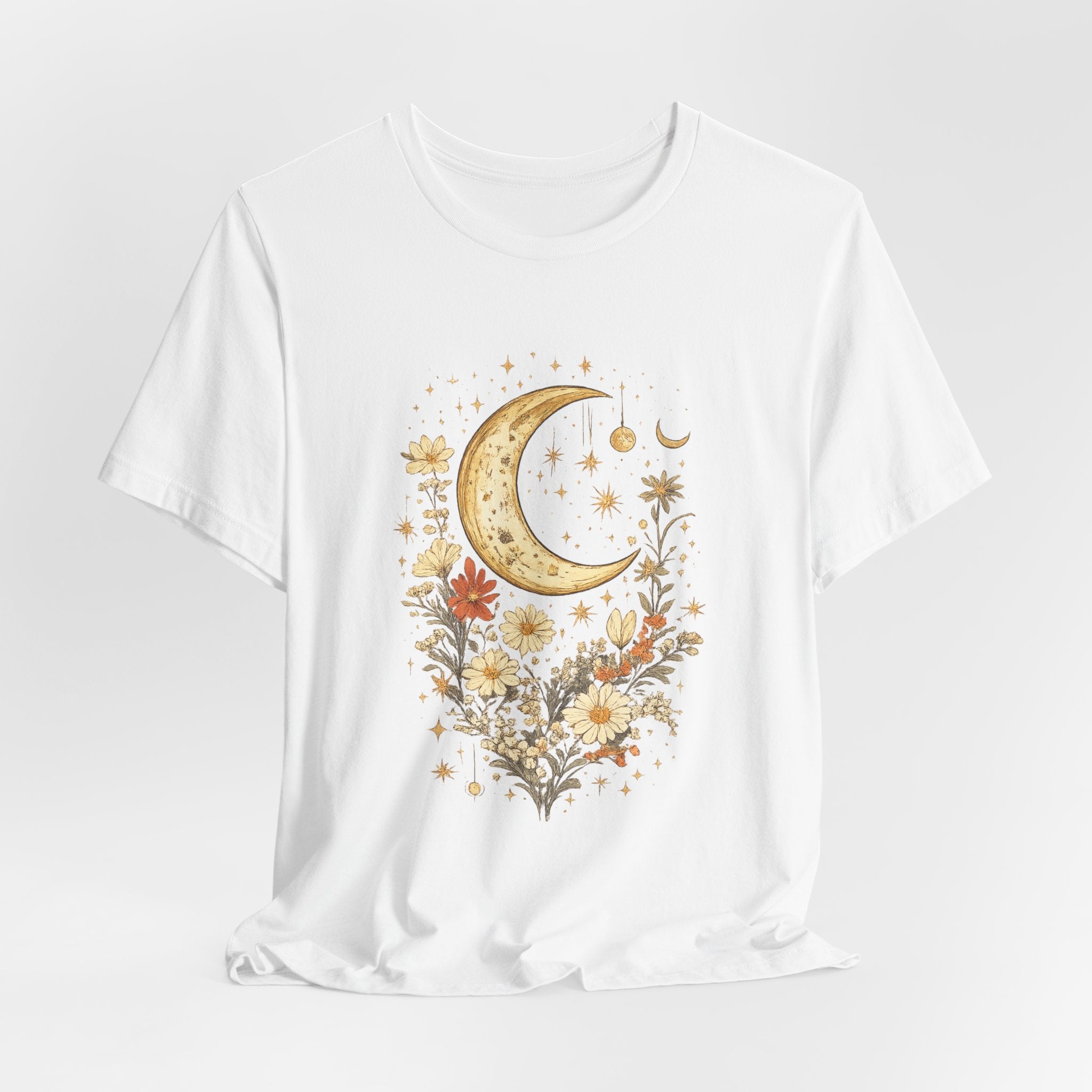 Moon & Autumn Florals Tee – Crescent Moon Floral Graphic T-Shirt