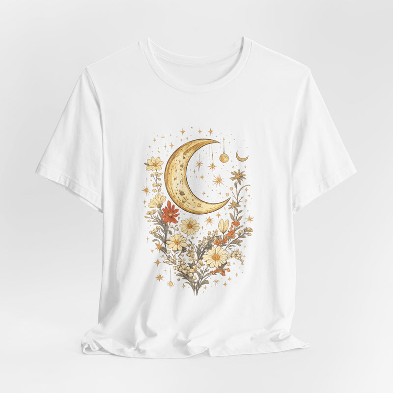Moon & Autumn Florals Tee – Crescent Moon Floral Graphic T-Shirt