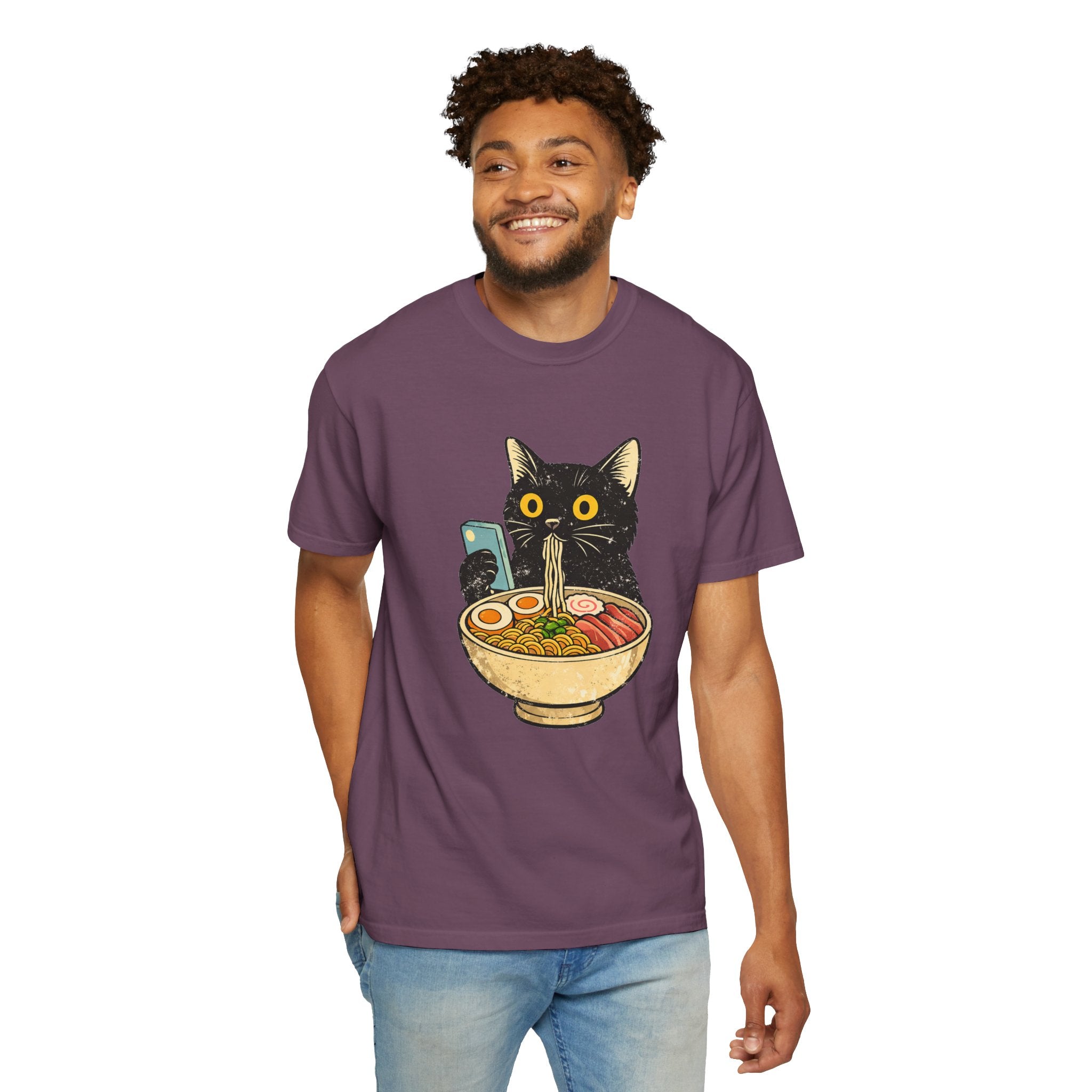 Cat Ramen T-Shirt — Cute Black Cat Slurping Ramen Graphic Tee