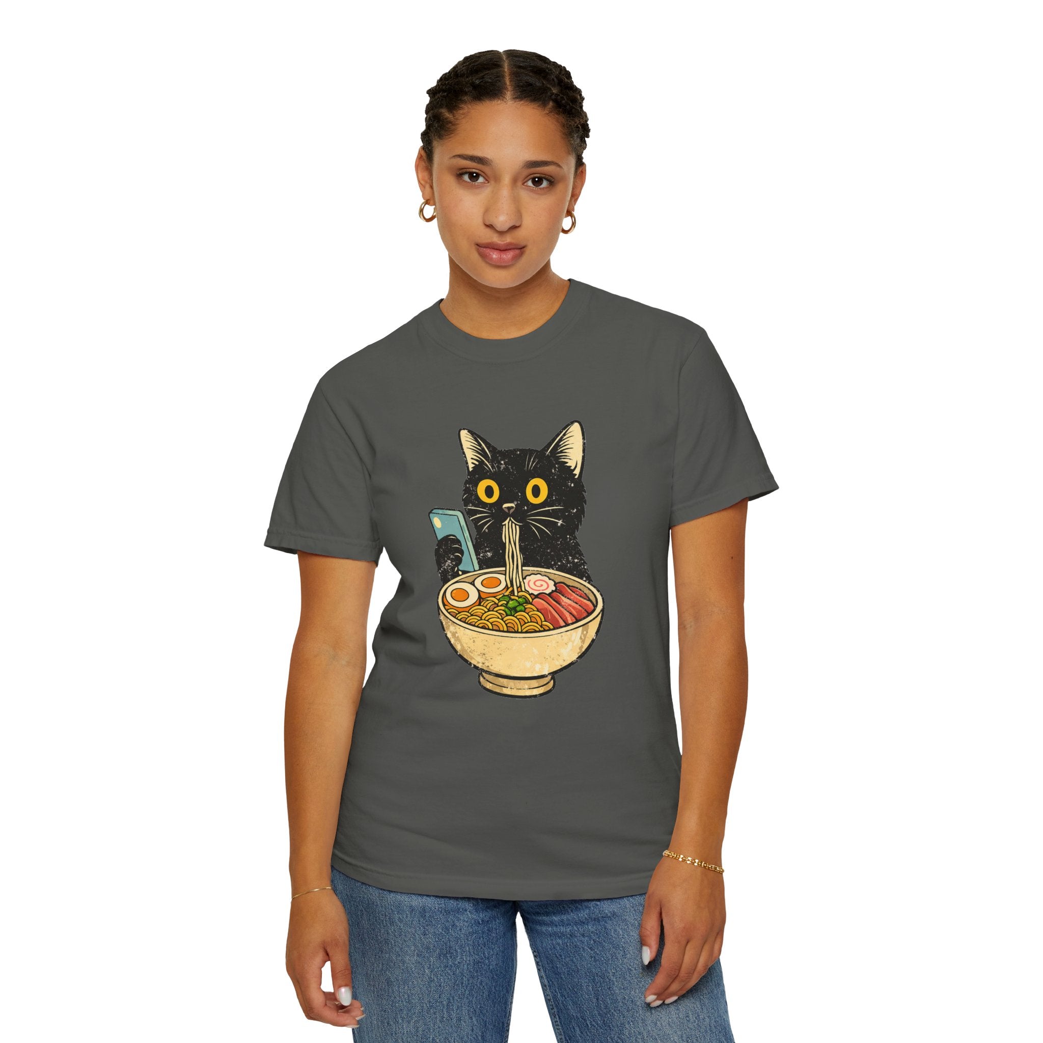Cat Ramen T-Shirt — Cute Black Cat Slurping Ramen Graphic Tee