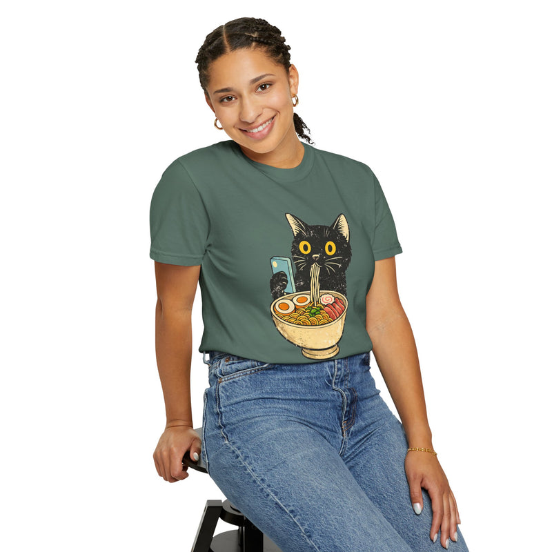 Cat Ramen T-Shirt — Cute Black Cat Slurping Ramen Graphic Tee