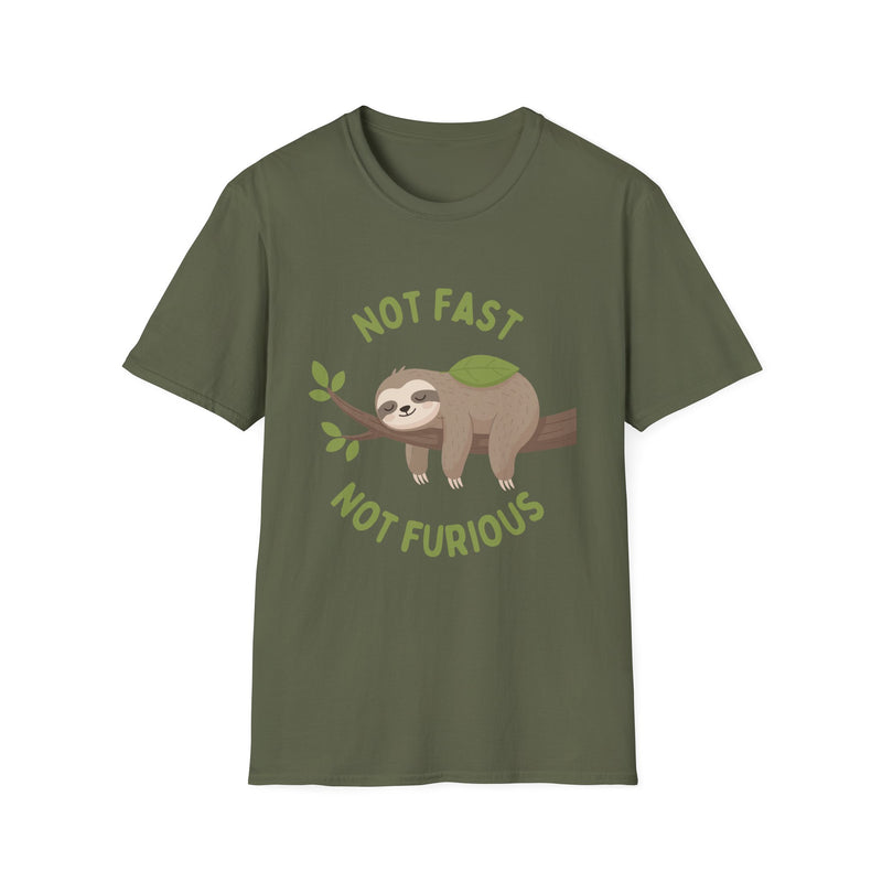 Sloth T-Shirt – “Not Fast Not Furious” Relaxed Animal Graphic Tee