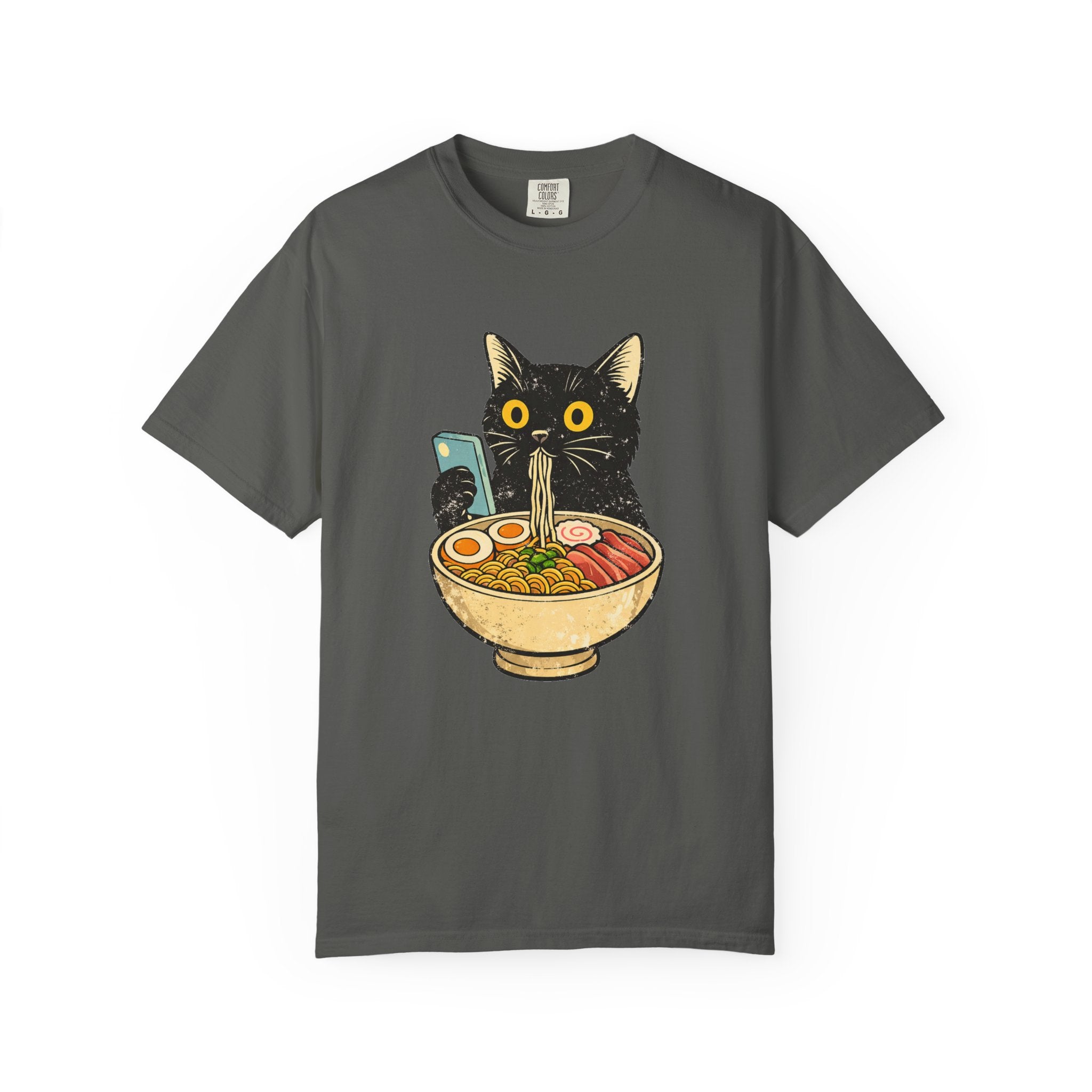 Cat Ramen T-Shirt — Cute Black Cat Slurping Ramen Graphic Tee