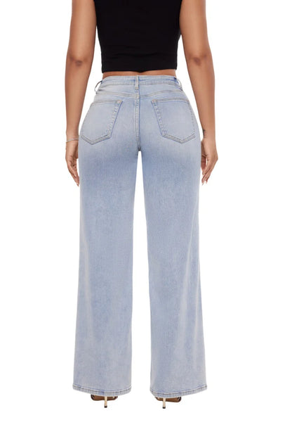 Women's High Waist Wide-Leg Straight Jeans — Hip Lift, Loose Fit, Crocheted Detail