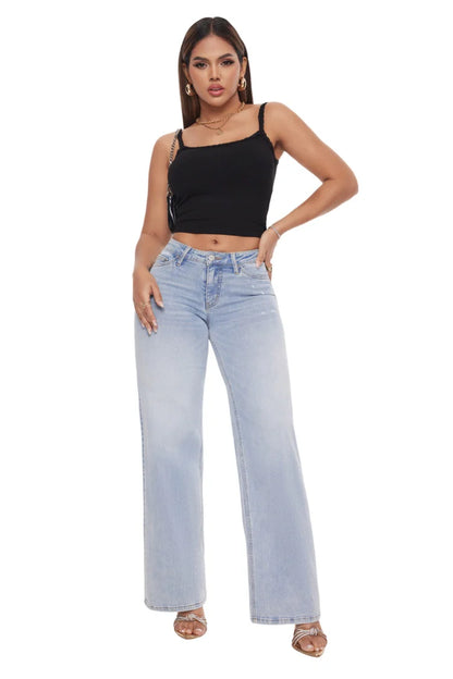 Women's High Waist Wide-Leg Straight Jeans — Hip Lift, Loose Fit, Crocheted Detail