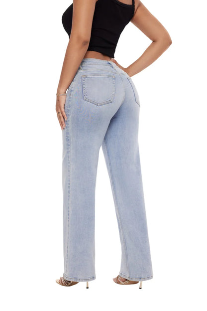 Women's High Waist Wide-Leg Straight Jeans — Hip Lift, Loose Fit, Crocheted Detail