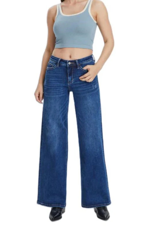 Women's High Waist Wide-Leg Straight Jeans — Hip Lift, Loose Fit, Crocheted Detail