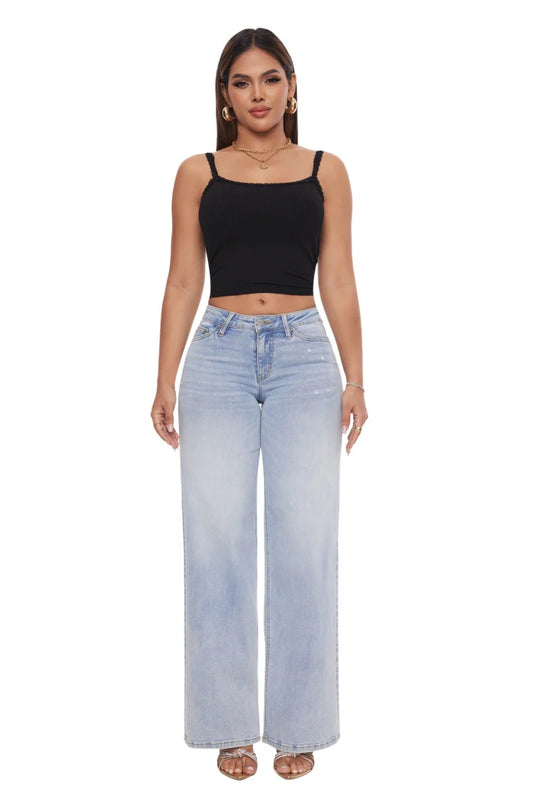 Women's High Waist Wide-Leg Straight Jeans — Hip Lift, Loose Fit, Crocheted Detail