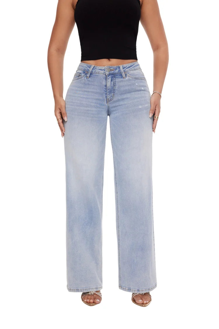 Women's High Waist Wide-Leg Straight Jeans — Hip Lift, Loose Fit, Crocheted Detail