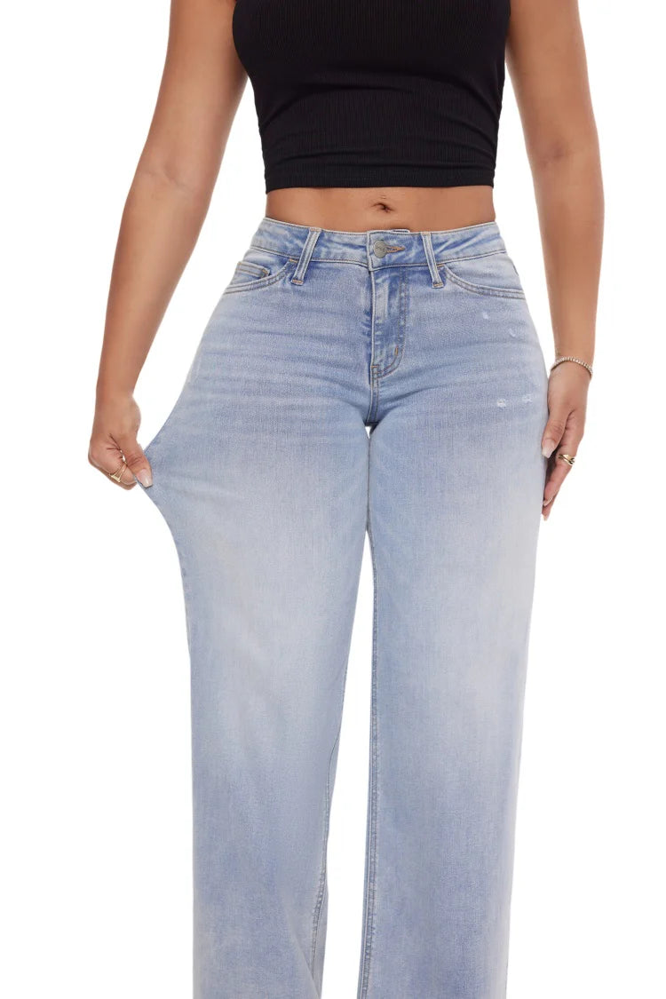 Women's High Waist Wide-Leg Straight Jeans — Hip Lift, Loose Fit, Crocheted Detail