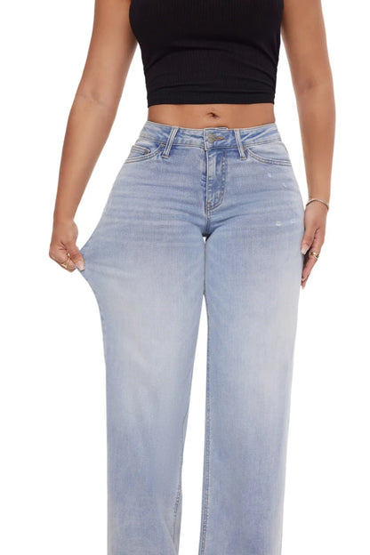 Women's High Waist Wide-Leg Straight Jeans — Hip Lift, Loose Fit, Crocheted Detail